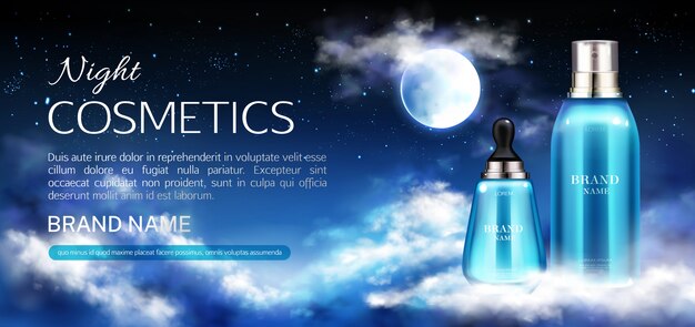 Night cosmetics bottles banner