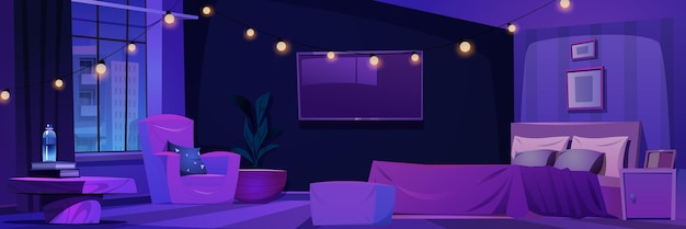 Free Vector night cozy hotel bedroom cartoon vector interior background empty modern bed room apartment with garland pillow and television on wall purple indoor design concept with water bottle on nightstand