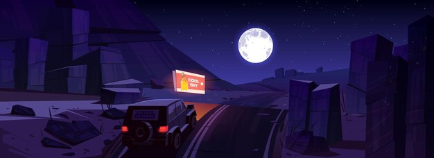 Night desert landscape with car on road, billboard and moon in sky.