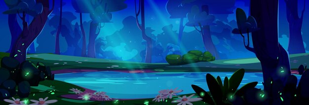 Night forest lake with firefly glow landscape background Mysterious garden scene with chamomile tree and green glowworm beautiful cartoon illustration Magic moonlight ray outdoor travel design