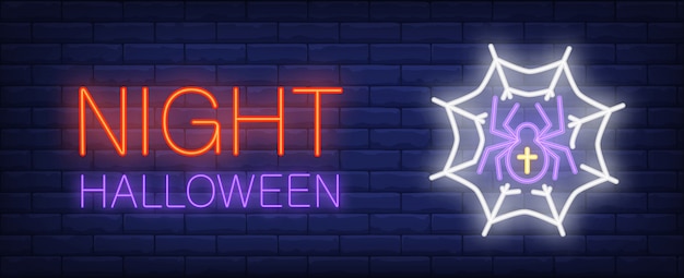 Free Vector night halloween neon style banner with spider in webon brick background.