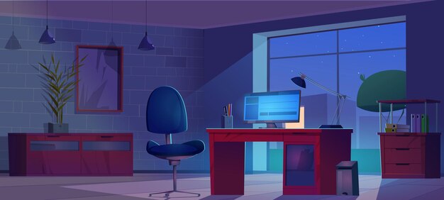 Night home office interior dark room for freelance