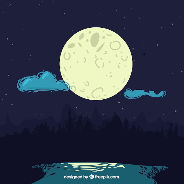 Night landscape background with moon and clouds