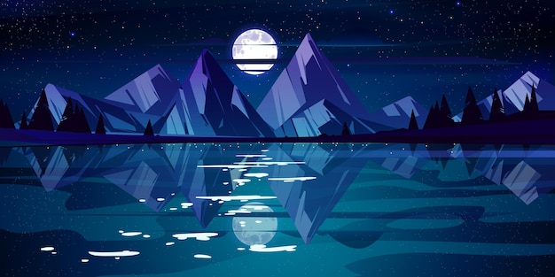 Night landscape with lake, mountains and trees on coast. Vector cartoon illustration of nature scene with coniferous forest on river shore, rocks, moon and stars in dark sky