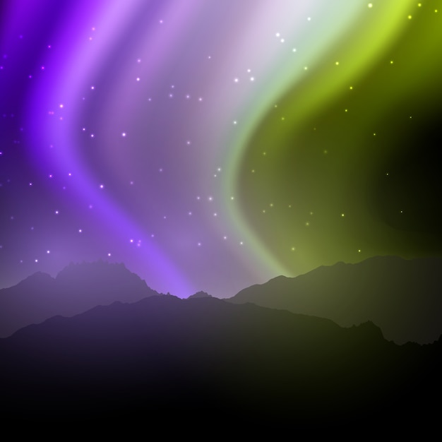 Free Vector night landscape with northern lights sky 