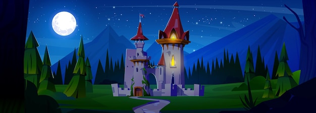 Free Vector night medieval castle against mountain landscape vector cartoon illustration of fairytale kingdom old royal palace with yellow light in windows on stone tower full moon glowing in starry sky