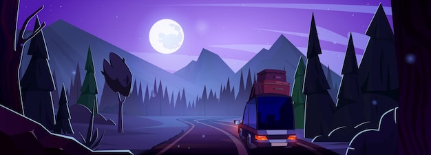 Free vector night mountain road car drive cartoon background adventure travel way on midnight for vacation vector illustration speed traffic with luggage on transport roof through alps and evergreen forest