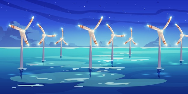 Night offshore farm with windmills in sea water