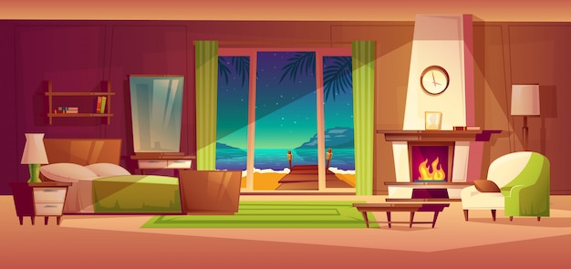 night panorama of villa interior, window with seaside. Light from fireplace