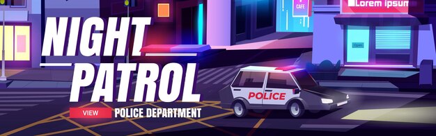 Night patrol cartoon web banner with police department car with signaling riding night city street with houses