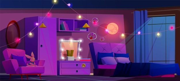 Free Vector night pink girly bedroom interior vector cartoon teen bed and neon lamp light in teenage room purple female furniture in dark flat with nobody bulb mirror armchair and carpet at teenager home