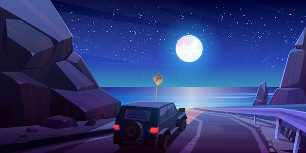 Night road trip by car, travel on jeep driving at highway in mountains with beautiful seaview landscape under full moon and starry sky.