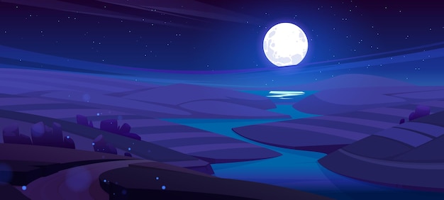 Night rustic meadow landscape rural field river and dirt road under dark blue starry sky with full moon and stars reflecting in water Farmland scenery countryside nature Cartoon vector background