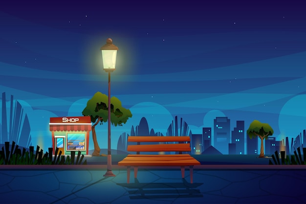 Free Vector night scene with beverage shop in park cartoon cityscape with outdoor