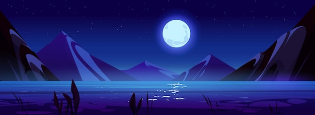 Free vector night scene with lake mountains moon in sky