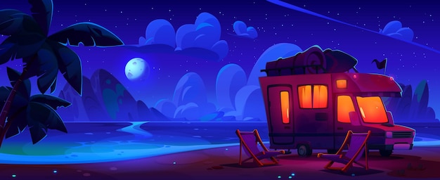 Free vector night sea or ocean beach with camper van