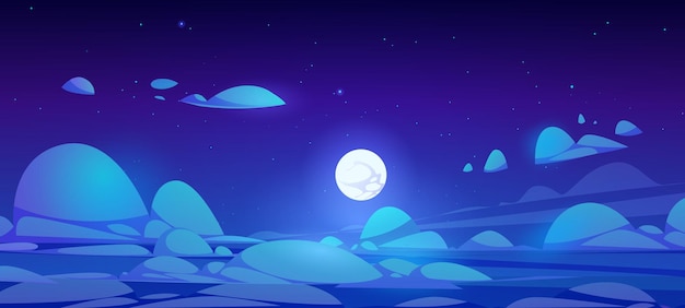 Free vector night sky above clouds with full moon and stars on blue background vector cartoon illustration of fluffy cloudy panorama in moonlight peaceful atmosphere landscape at midnight