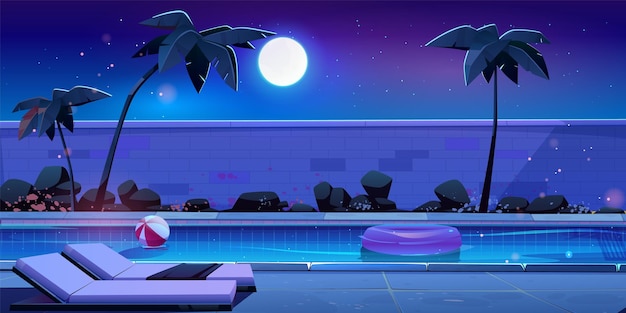 Free Vector night swimming pool at tropical summer resort vector cartoon illustration of inflatable ball and rubber ring floating on water surface chaise lounges on poolside deck moon and stars in dark sky