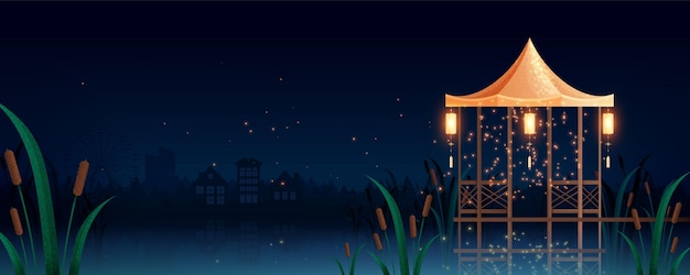 Free Vector night time landscape wooden gazebo with lanterns on river or lake bank with dark forest and cityscape in background and flying fireflies flat vector illustration