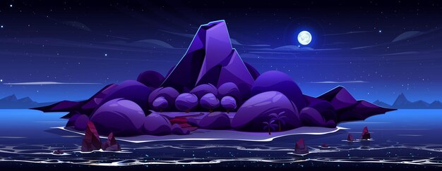 Night volcano island in ocean cartoon vector background Exotic tropical isle beach near palm tree starry sky and full moon light Beautiful volcanic mountain in forest game design Rock in sea water