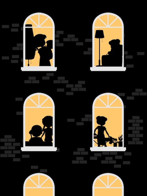 Free Vector night windows building with people silhouettes