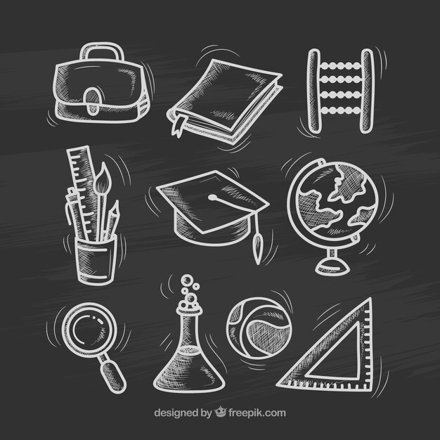 Nine different school elements in chalkboard style