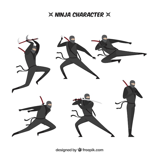 Free Vector ninja character in different poses with flat design