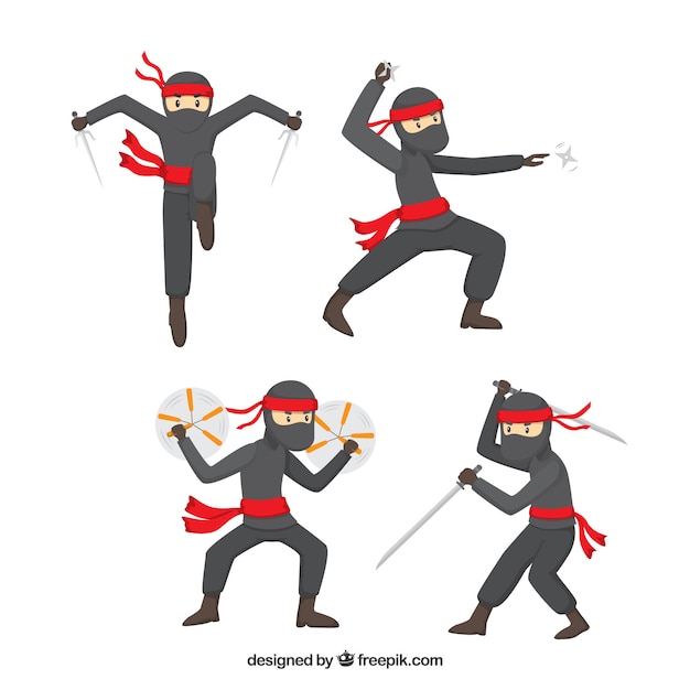 Ninja character in different poses with flat design