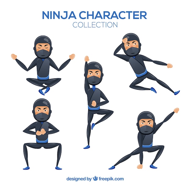 Free vector ninja character in different poses with flat design