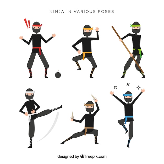 Ninja character in different poses with flat desing