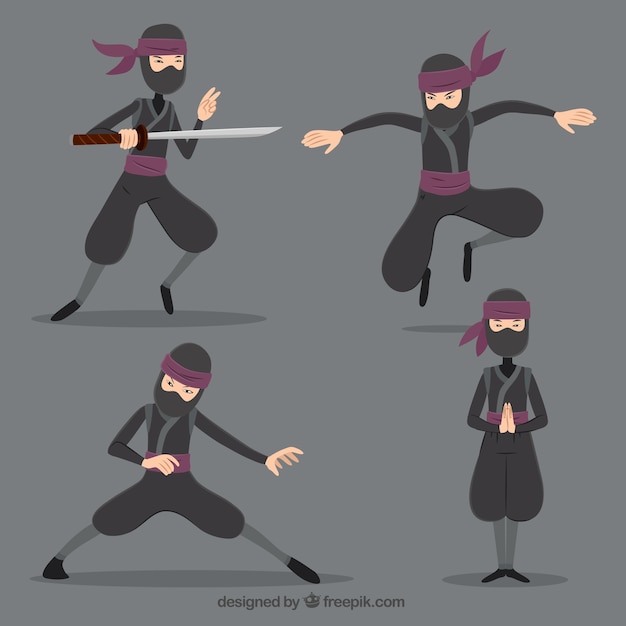 Free vector ninja character in different poses