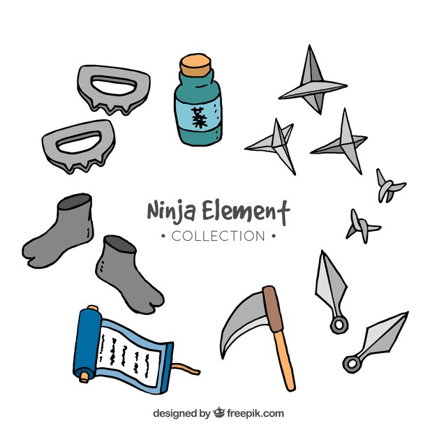 Free Vector ninja elements collection in hand drawn style