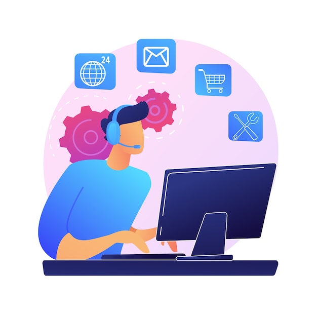 Noctidial technical support. Online assistant, user help, frequently asked questions. Call center worker cartoon character. Woman working at hotline 