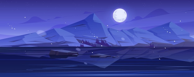 Free Vector nordic landscape with lake or river mountains on horizon and full moon in sky vector cartoon illustration of winter nature scene with snowfall rocks and reflection in water at night