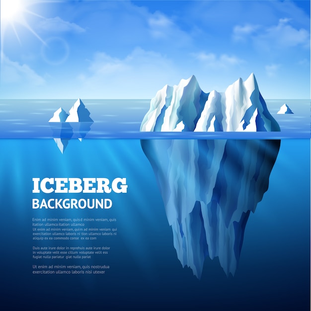 North sea poster with icebergs and sun on blue sky background 