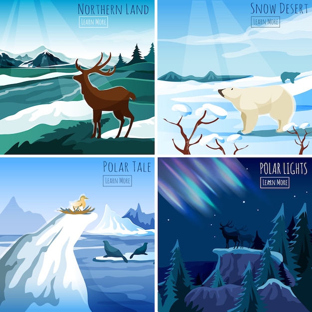 Free Vector northern landscape 4 flat icons square 