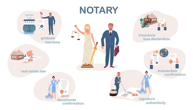 Free Vector notary flat infographics with isolated compositions of human characters classic justice symbols and editable text captions vector illustration