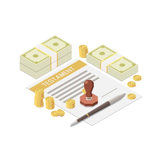 Free Vector notary services isometric composition with images of testament paper stamp pen and coins with cash vector illustration