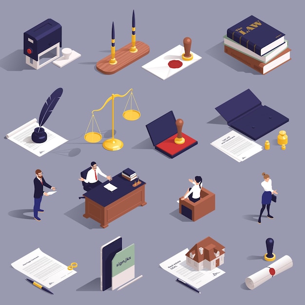 Free Vector notary services isometric icons set with seals ink documents contracts characters of notaries isolated on grey background vector illustration