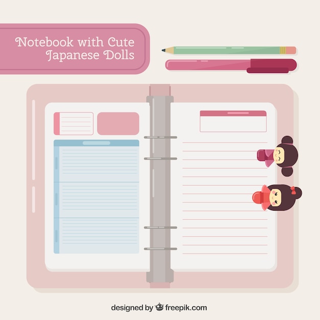 Free Vector notebook with beautiful japanese dolls and pecils