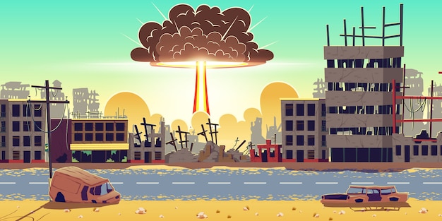 Free Vector nuclear bomb explosion in ruined city vector