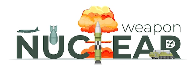 Free vector nuclear weapon text flat composition with atomic explosion and armament on white background vector illustration