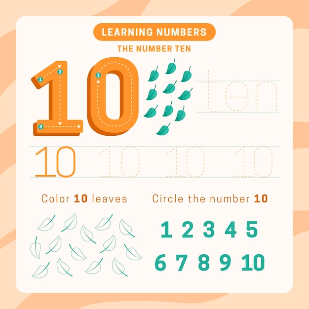 Number 10 worksheet with leaves