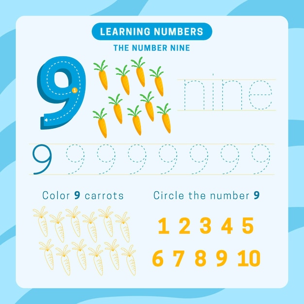 Free Vector number 9 worksheet with carrots