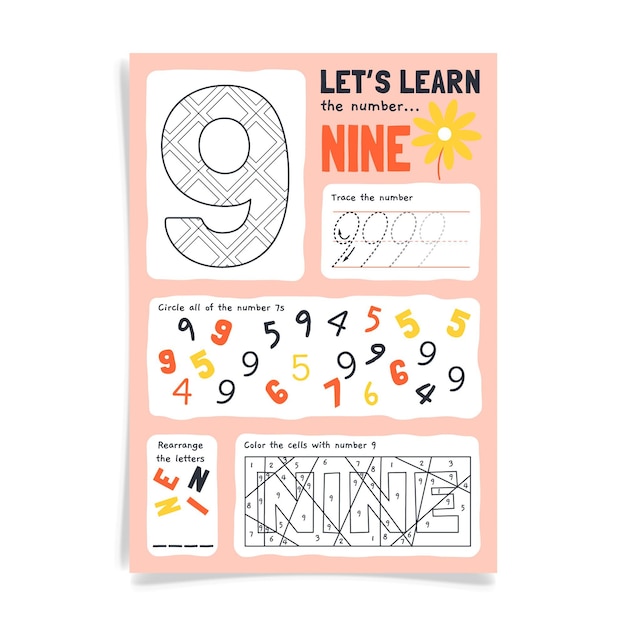 Free Vector number 9 worksheet with colorful digits