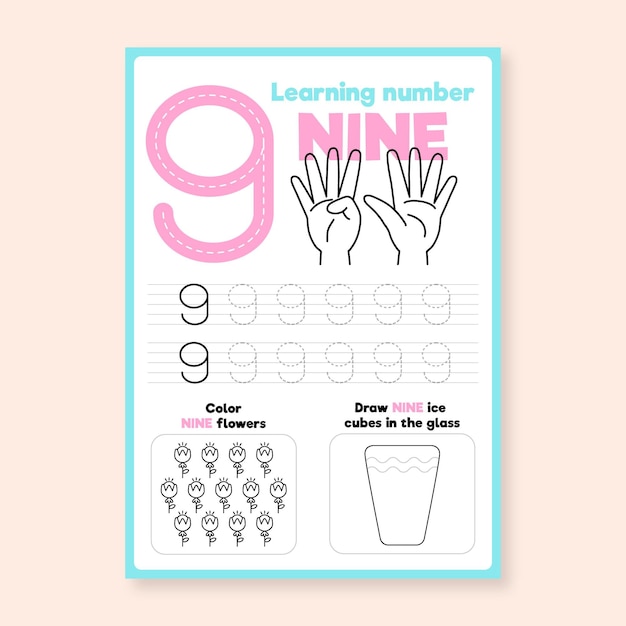 Free vector number 9 worksheet with hands