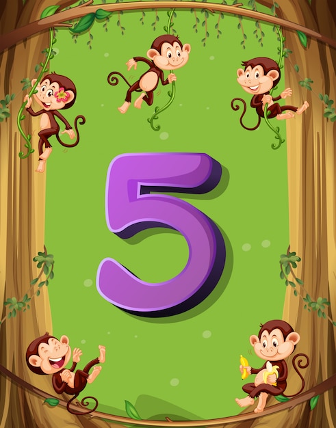 Free Vector number five with 5 monkeys on the tree