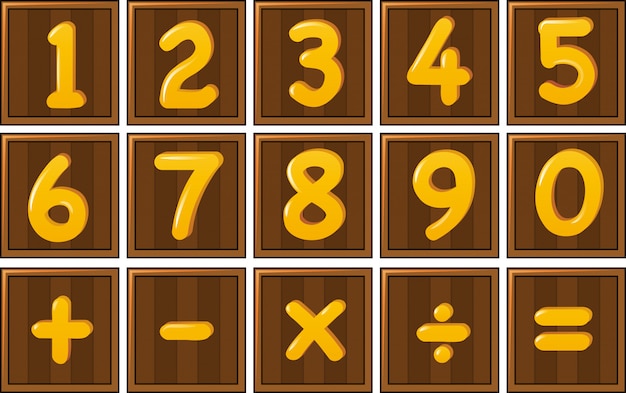 Free vector number one to zero and math signs on wooden boards