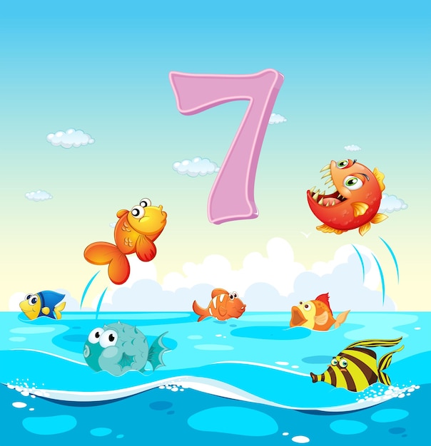 Number seven with 7 fish in the ocean