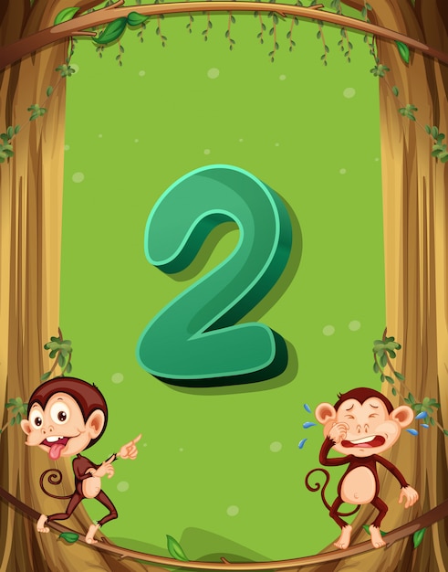 Free Vector number two with 2 monkeys on the tree